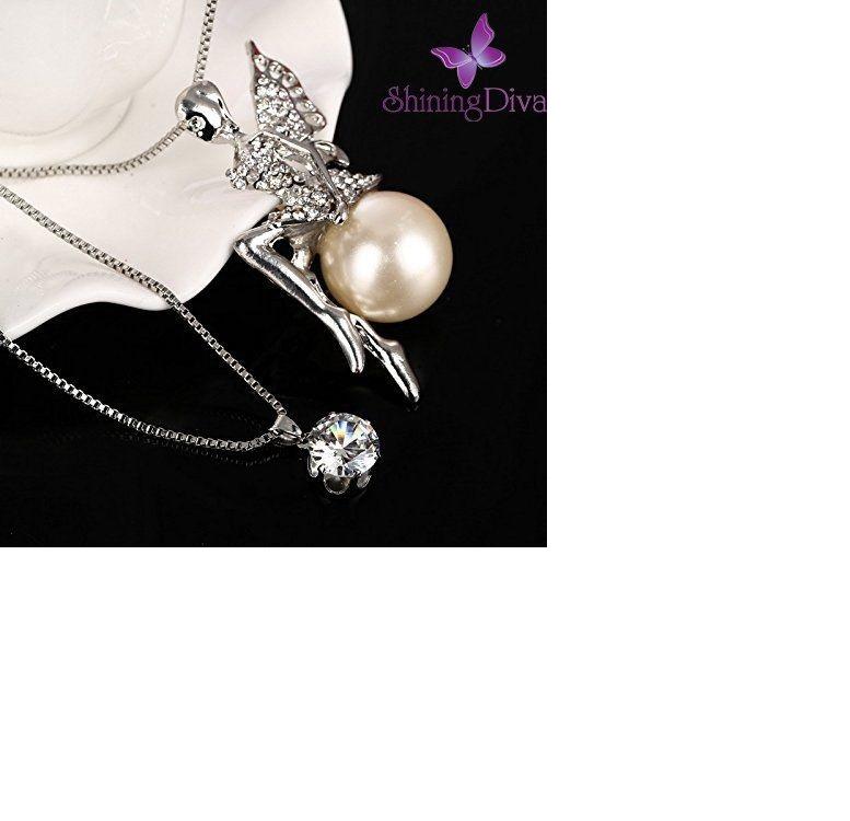Shining Diva Fashion Long Chain Angel Wings Pendent for Women and Girls (Silver)