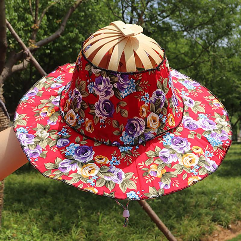 

Женская шляпа-веер Летняя шляпа от солнца Модная шляпа с цветочным узором Многофункциональная тканевая шляпа Ручной работы Уличная бамбуковая шляпа для путешествий 9 стилей