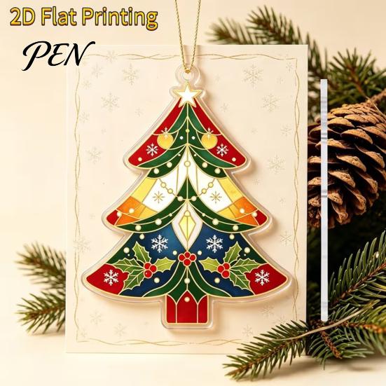 Lightweight Tree Pendant with Lanyard 2D Flat Acrylic Christmas Ornament, Vintage Stained Waterproof Souvenir Gift Glass Style Hanging Pendant,