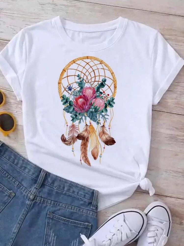 Women's Pattern Short Sleeve T-Shirt Women's Summer Clothing Feather 90S Fashion Women's University T-Shirt