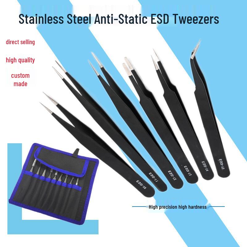 Fine Anti-Static Tweezer Set: Straight & Bent Tips for Electronic Repair