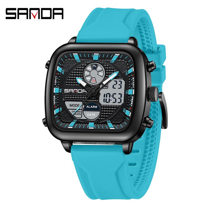 SANDA Men s Dual Display Fashionable Multifunction Steel Band Square Waterproof Electronic Watch