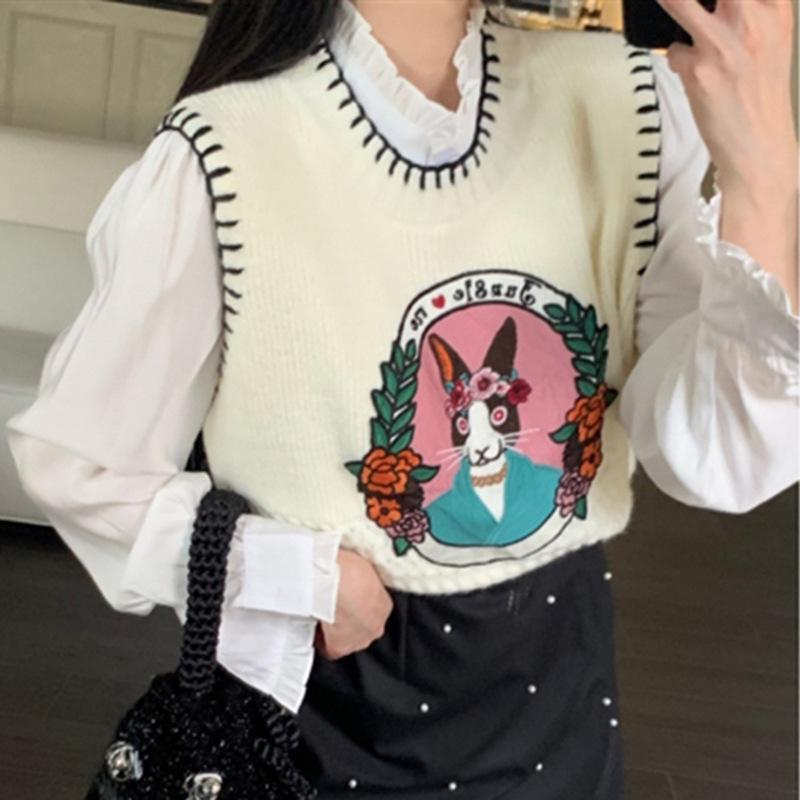 2023 Autumn New Versatile Cartoon Pattern Pullover Sleeveless Sweater Top Women's Knitted Tank Top Vest
