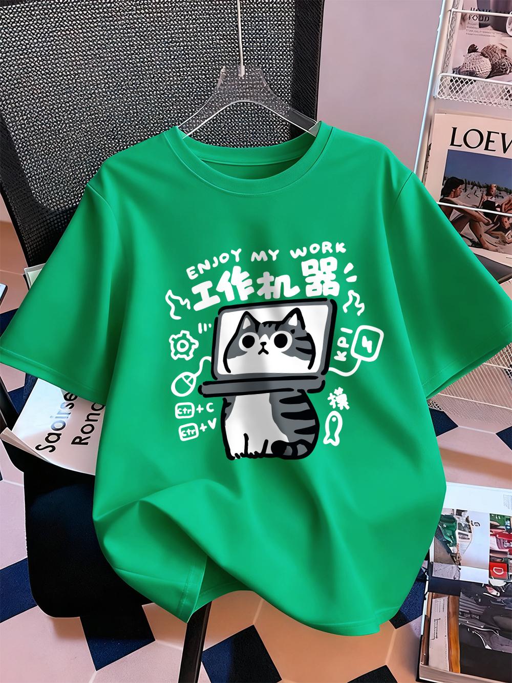 

Enjoy My Work Funny Cat Printing Short Sleeve TShirts Womens Summer Cotton Tee Shirts Soft ONeck Loose Tops Casual Clothes 4XL