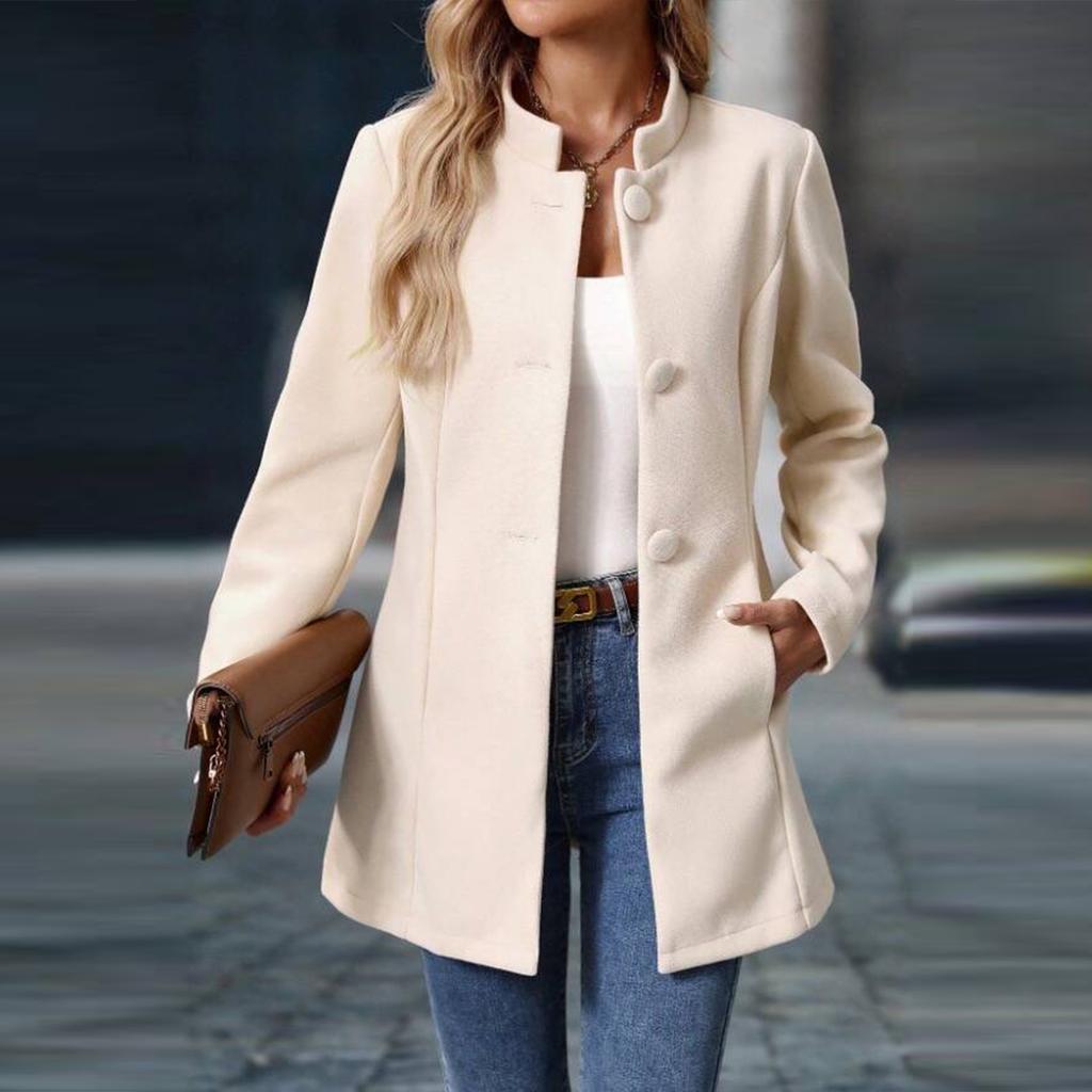 Damen Casual Stehkragen Langer Einfarbiger Wollmantel mit Langen Ärmeln