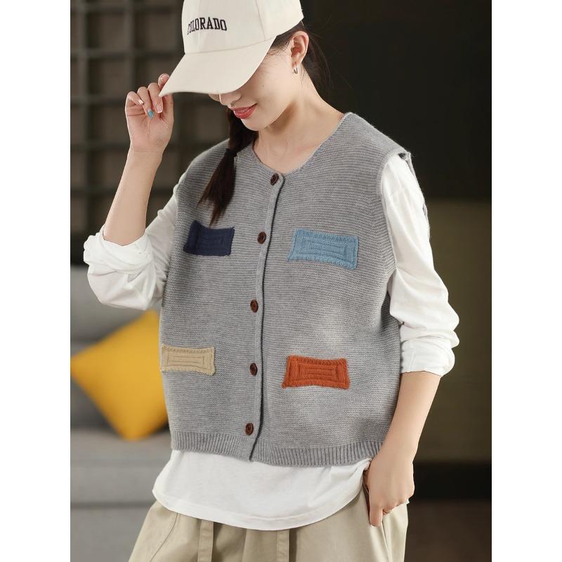 Dimanaf 2025 Women Sleeveless Autumn Buttons Vest Patch Sweaters Style Printing Knitting Loose Sweater