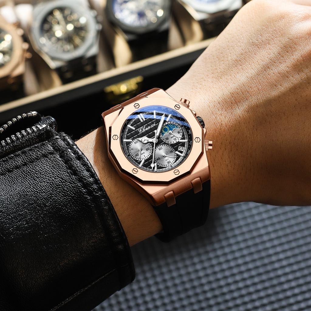 CHENXI Watches For Men Quartz Waterproof Sports Men's Watch Silicone Strap Chronograph Calendar Luminous Wristwatches