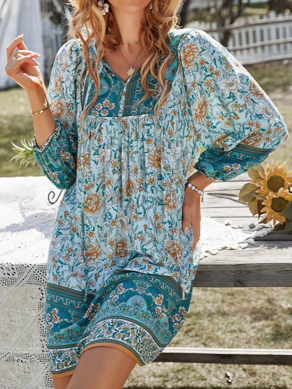 Bohemian Long Sleeve V-Neck Lace-Up Printed Dress for Spring