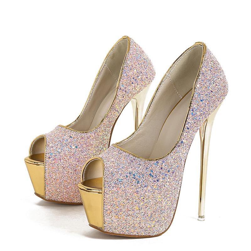 Eilyken Peep Toe Thin Heels Design Glitter Sexy Pumps Women Wedding Femme Female Shoes Platform Zapatos De Mujer