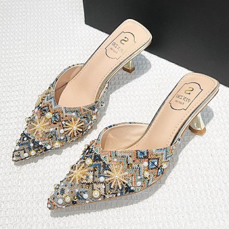 Fashion Luxury String Bead Decoration Design Brand High Heel Slippers Women Shiny Rhinestone Slide Sandals Elegant Wedding Bridal Shoes