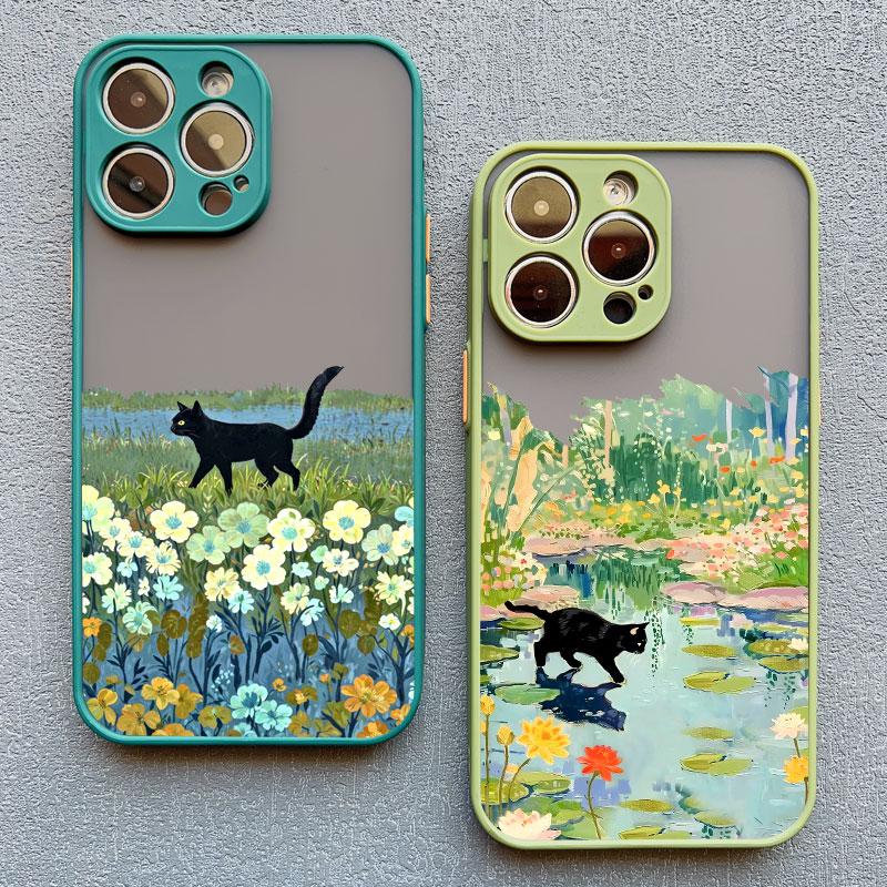 Black Cat Landscape Phone Case For iPhone 16 17 Pro Max 15 14 Pro Max Plus 13 12 Mini 11 Pro Max Cartoon Shockproof Back Covers