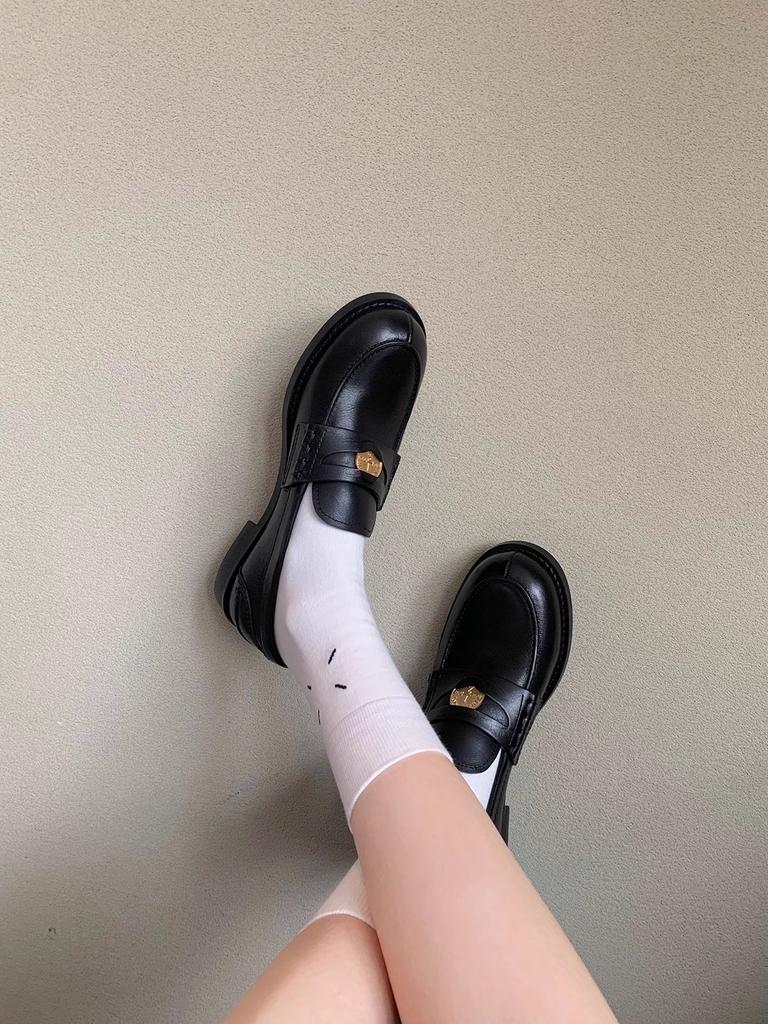 Hair, High-end Cowhide Version~ Retro Round Head Small Gold Coin Lazy Loafer Single Shoe Woman