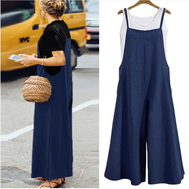 Women's Summer Sleeveless Jumpsuit Solid Color Wide Leg Bib Overalls Casual Loose Straps Dungaree