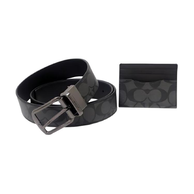 New COACH Boxed Coated Canvas With Refined Cow Leather Belt Card Holder Men's Bronze/Charcoal/Black C8278-QBMI5