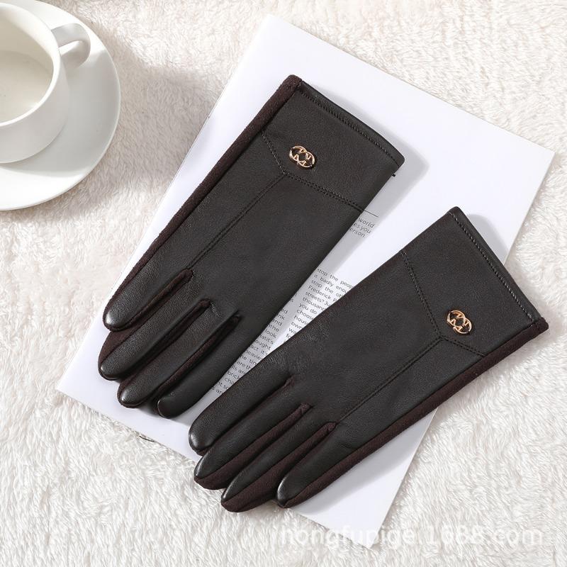 Warm leather gloves women cute velvet winter thickened outdoor riding windproof and cold driving touch screen gloves