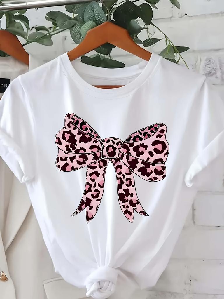 Leopard Pink Hearts Graphic Print Womens Crewneck Casual Short Sleeve T-Shirt Summer Fashion Harajuku Streetwear Tops Tees