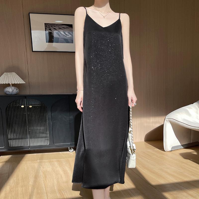 V-Neck Floral Acetate Satin Maxi Dress with Sequins (2025 Summer Collection)