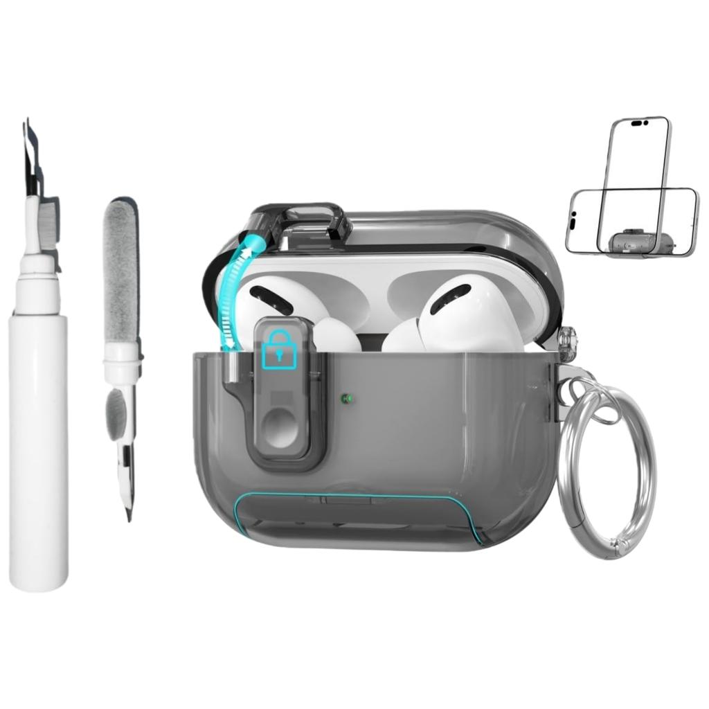 Transparente Hülle für AirPods Pro 3 Hülle mit Handyhalterung und Sicherheitsverschluss Automatisches Aufklappdeckeldesign mit Reinigungsstiftabdeckung für AirPods Pro 3