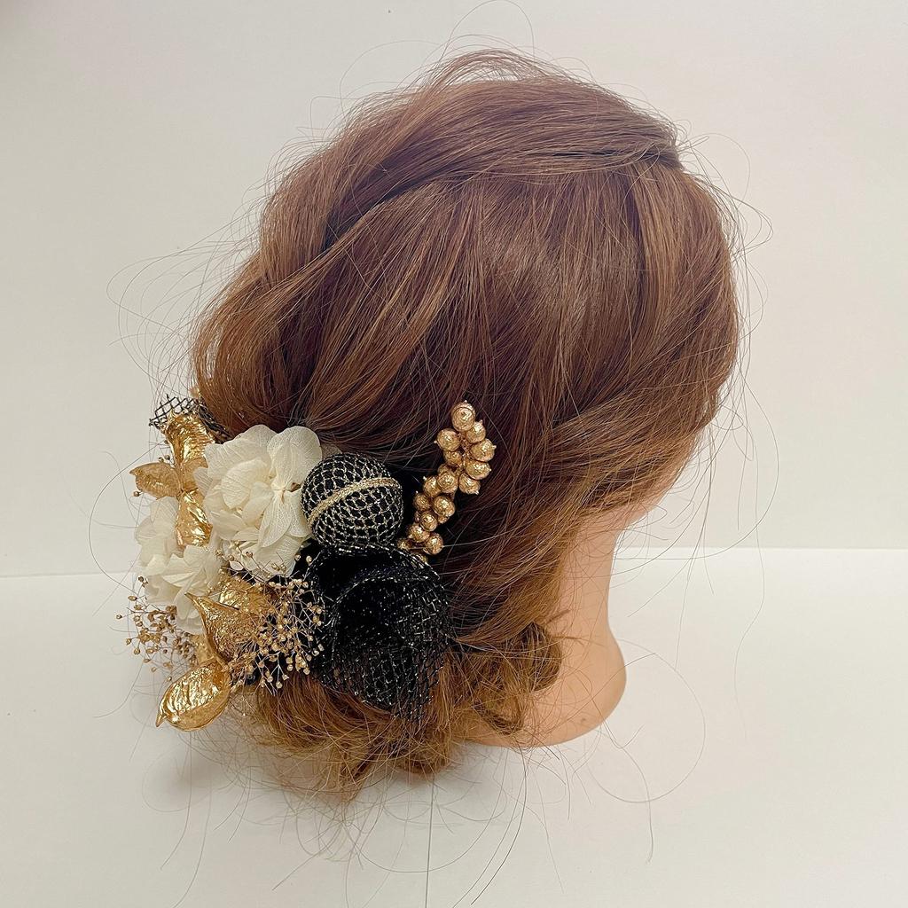 Dried Flower Head Black and Tamakanzashi Japanese Hair Graduation Kimono Dress, Gold, Hairpin, Accessory, Coming-of-Age Ceremony, Ceremony, Furisode,