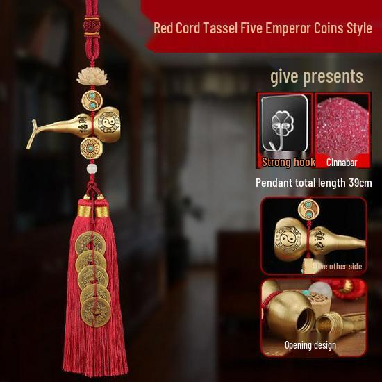 Brass Five Emperors Coins with Copper Gourd for Happiness, Prosperity, and Health - Auspicious Knot for Front Door or Bedroom