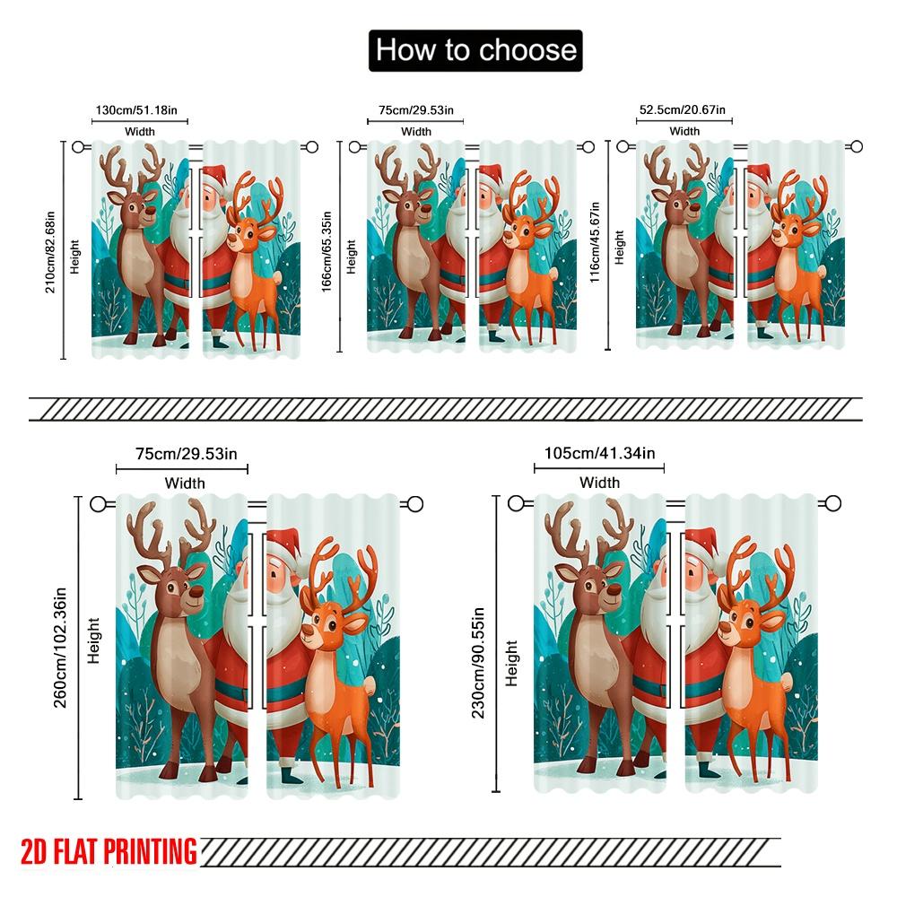 2Pcs,2D Plane Printing Curtains Roller Blinds Santa & Elk Polyester Fabric (Without Rod) Versatile All Use For Bedroom, Living