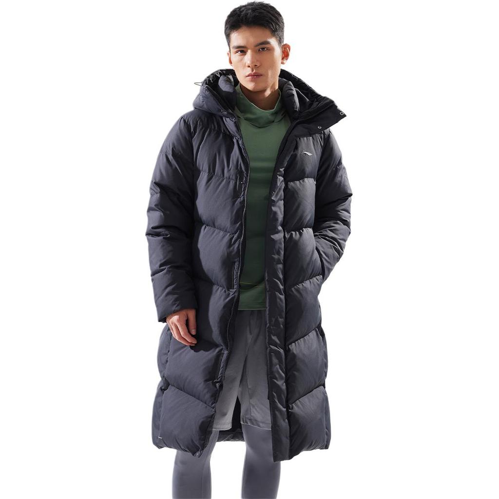 Li Ning Sports Lifestyle Series Brand Logo Comfortable Casual Loose Cold Resistant Warm Outdoor Long Down Jacket Men Outerwear Black AYMU095-1