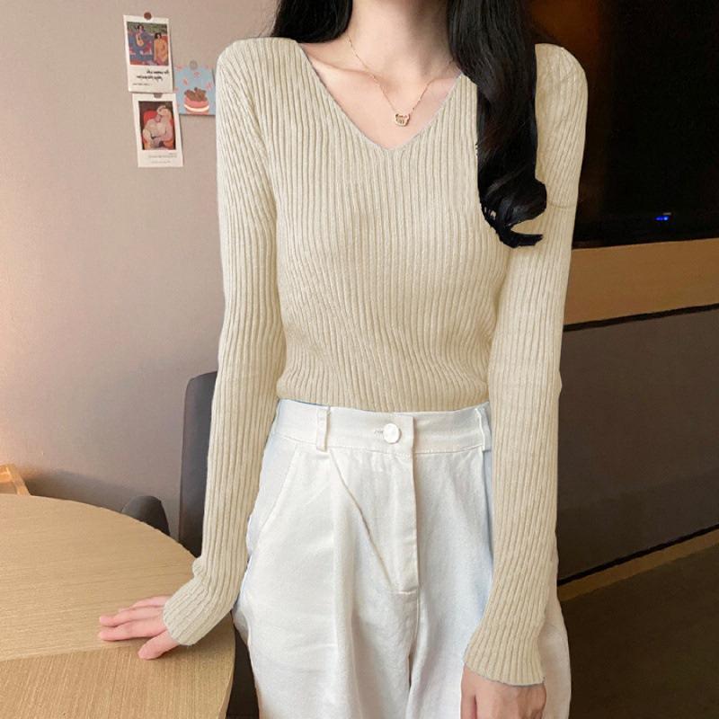 Sweater women's autumn and winter new versatile slim-fitting v-neck bottoming knitted sweater foreign style inner long-sleeved tight top