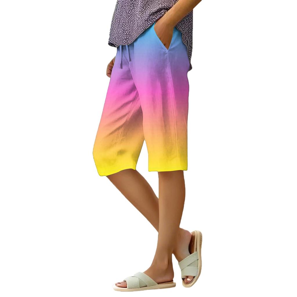 Women's Summer Elasticated Tie Waist Gradient Colour Cotton Linen Loose Shorts