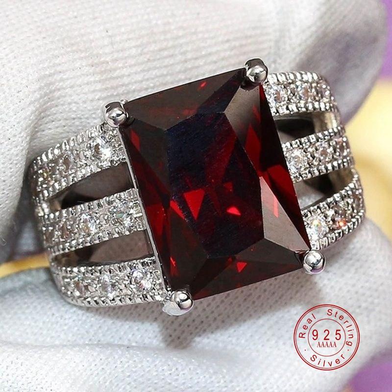 Red AAA Cubic Zircon Rings for Women Genuine 925 Stamp Silver Color Crystal Filled Bague Femme Luxury Hollow Out Ring Jewelry