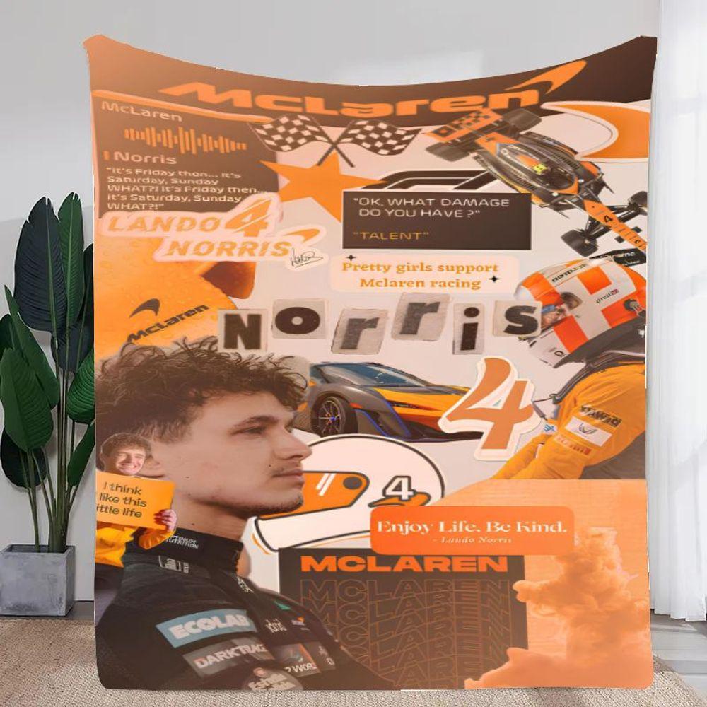 

Плед McLaren F1 Racing Ландо Норриса - Яркий коллажный дизайн с гоночным номером 4, вдохновляющей цитатой и стильным 30x40in