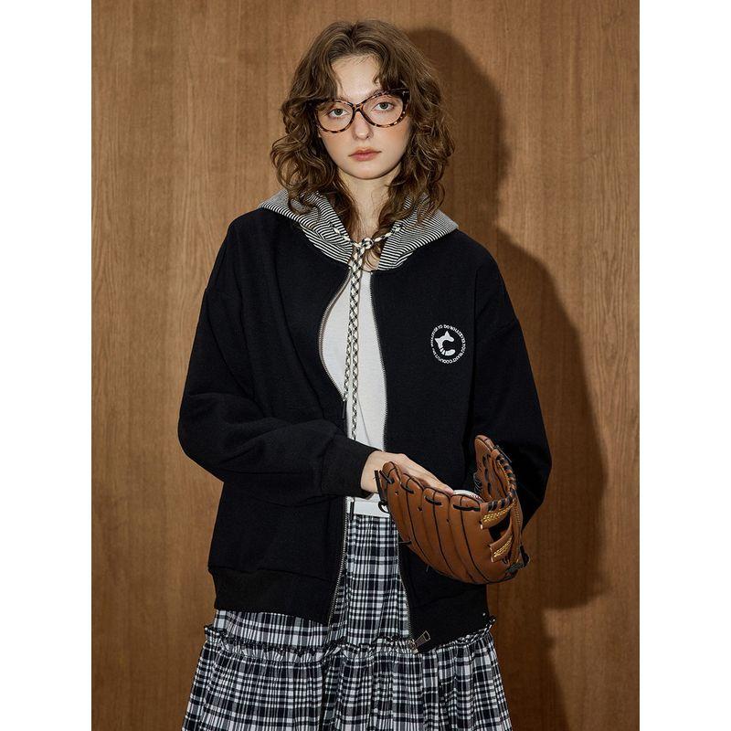 Coolhut2025 Autum American Style Women's Preppy Style Hooded Black Casual Sports Jacket