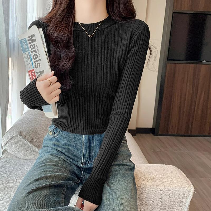 French Gentle Little Fragrance Apricot Color Knitted Bottoming Shirt for Women with Autumn and Winter New Round Neck Slim Short Top Inside the Sweater