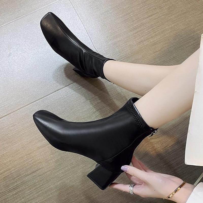 Chunky Boots Women Fashion Shoes Ladies Casual Back Zipper Square Toe Ankle Boots Designer Party Pumps Footwear