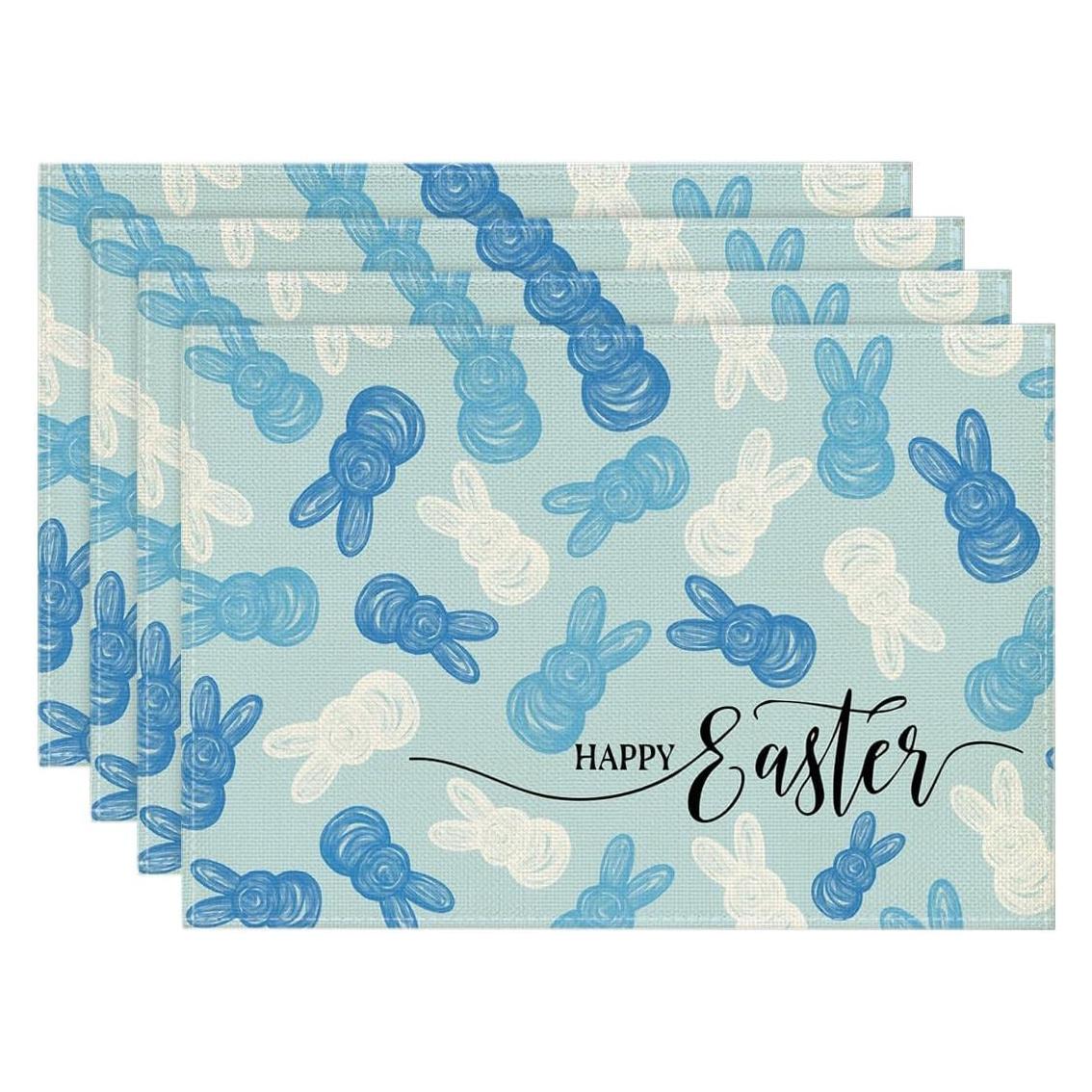 

4pcs Happy Easter Bunny Placemats – Blue Rabbit Design on Light Blue, 12x18in, Spring Holiday Table Decor for Party & Kitchen 30x45cm-4PC