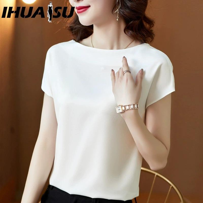 IHUASU Women's Fashion Casual Solid Color Print Short Sleeve O Neck Blouses & Shirts