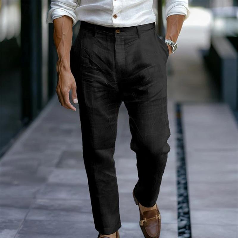 Men's Youth Linen Solid-Colour Slanted-Pocket Breathable Casual Trousers for Everyday Outdoor Wear
