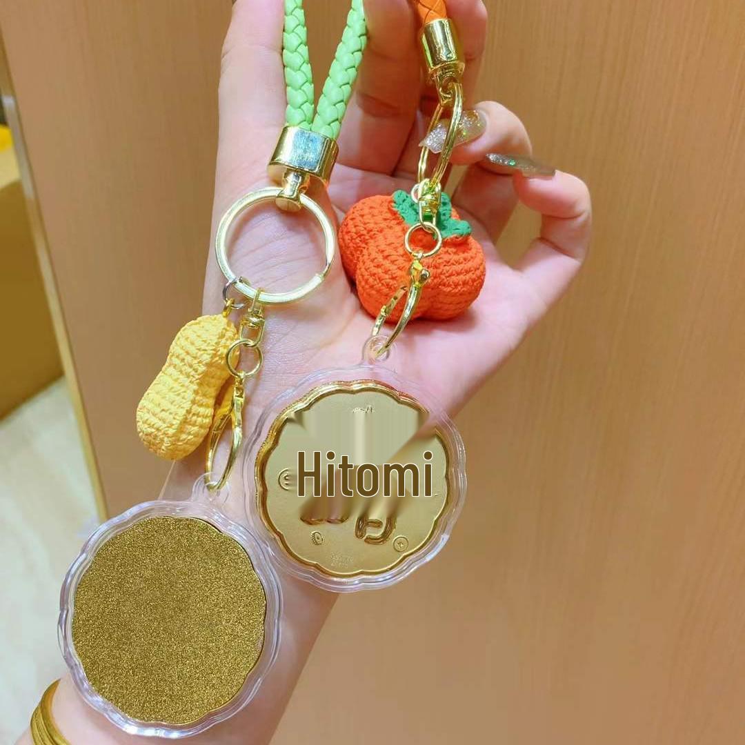 999 Pure Gold Mid-Autumn Keyring: Golden Persimmon, Blooming Flowers, Moon Bag Charm, Mobile Phone Chain Standard Cord