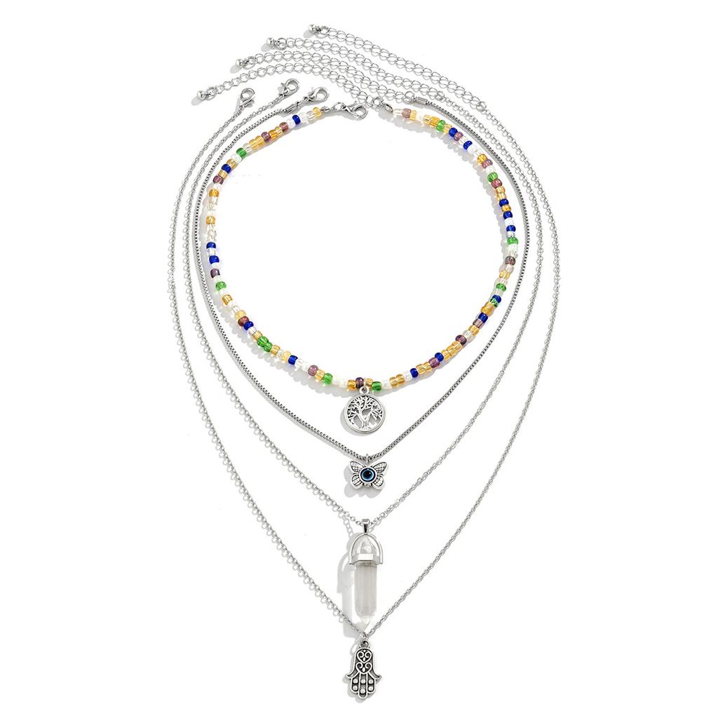 Personalized Stacked Butterfly Bergamot Pendant Necklace Set, Simple Colored Rice Bead Imitation Crystal Necklace