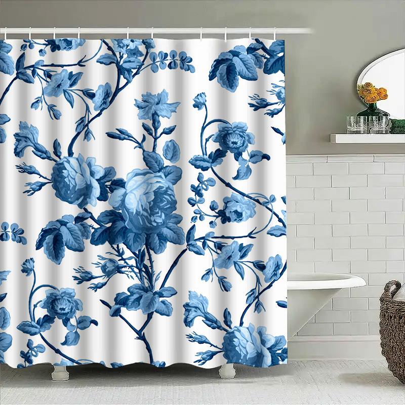 Blue Floral Shower Curtain Waterproof Bathroom Decor Large Size Luxury Bath Mat White Tub Liner Printed Modern Flower Design (La