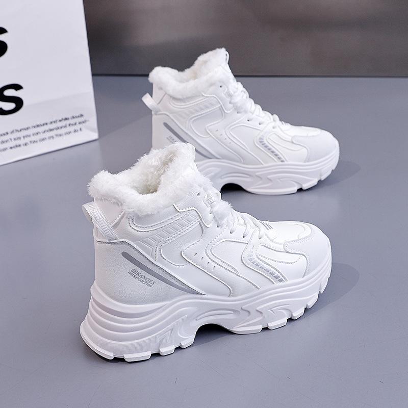 Women's high top large size soft sole fall and winter warm fur one snow boots padded lining non-slip hiking casual sports cotton boots