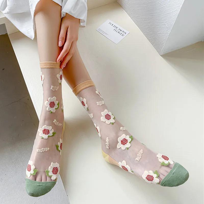 Lace Socks Women Summer Ultra-thin Transparent Crystal Silk Socks Floral Embroidery Japanese Kawaii Cartoon Cute Glass Silk Sock