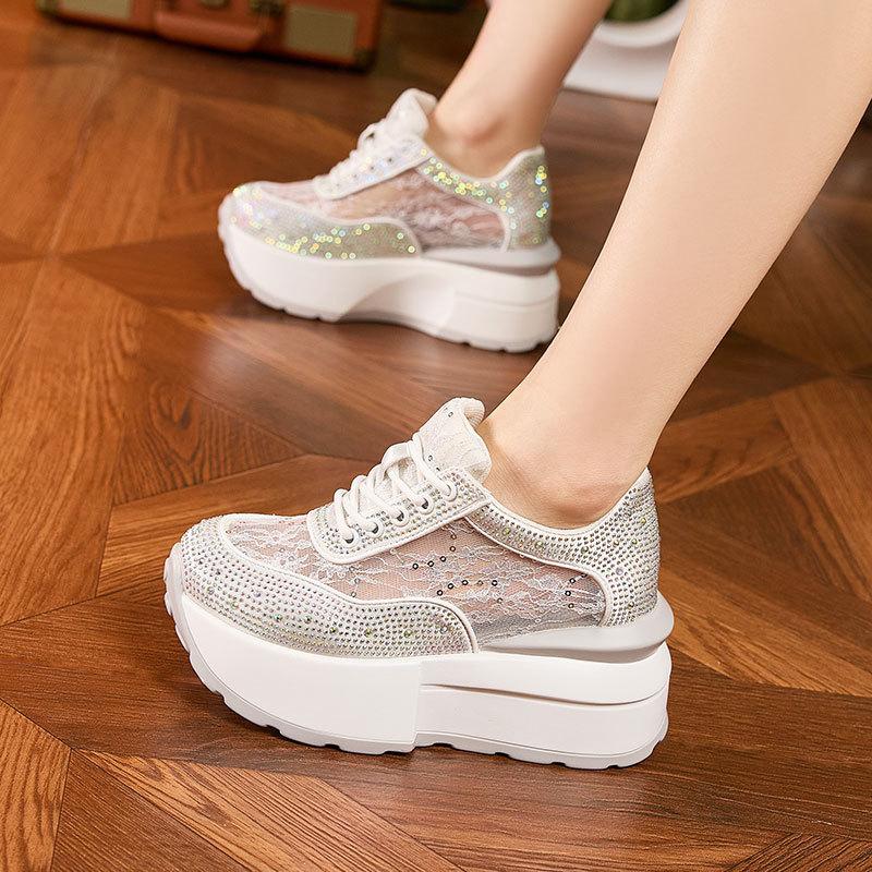 Platform white shoes women's 2025 summer new rhinestone hollow mesh sandals inner height increase versatile Forrest Gump casual shoes