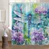 Watercolor Dragonfly Bath Curtain -Vibrant Purple Flowers &Blue Wings;Waterproof Home Decor Adds Artistic Charm To Your Bathroom