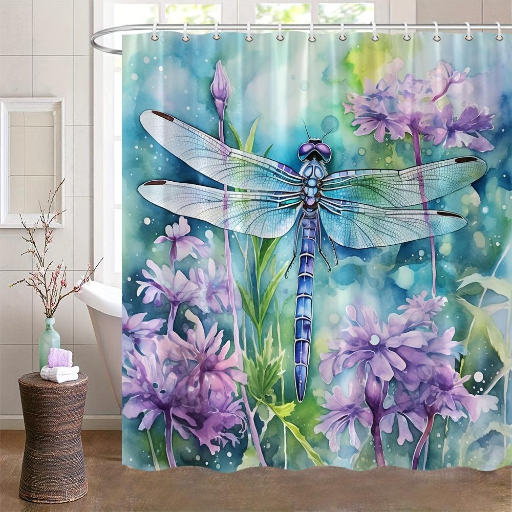 Watercolor Dragonfly Bath Curtain -Vibrant Purple Flowers &Blue Wings;Waterproof Home Decor Adds Artistic Charm To Your Bathroom
