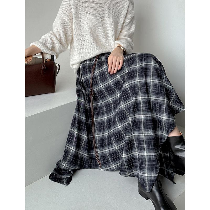 Ju Zhi Podzimní kostkovaná sukně midi áčkového střihu s vysokým pasem - Nepravidelný design, Zeštíhlující střih