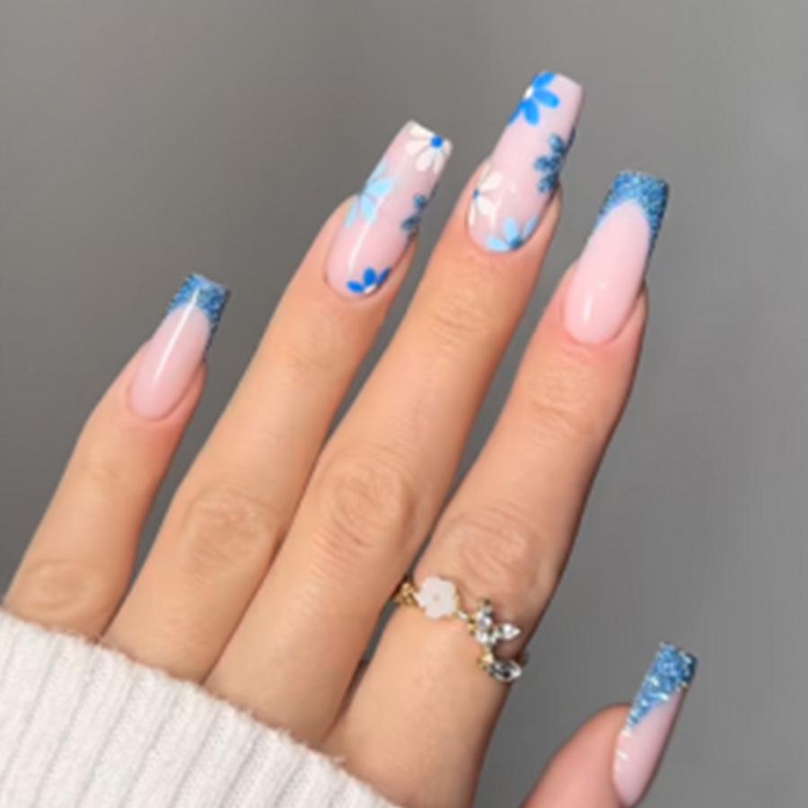 

Luxury Autumn Blue Print Long Wearable Nail Patches - 24-Piece Pipe-Shaped Tips