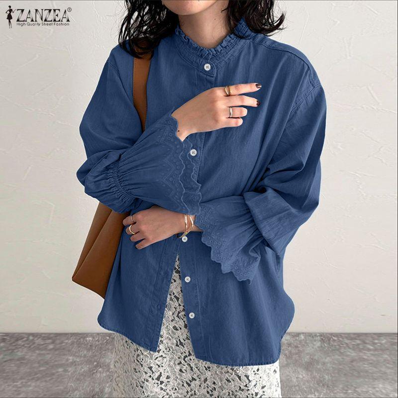 ZANZEA Women Casual Round Neck Loose Crochet Splice Long Sleeve Blouse