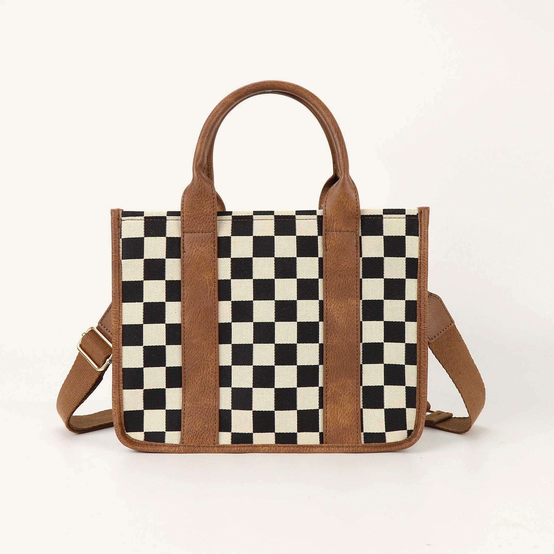 

Women s Checkerboard Canvas Tote Bag, Classic Casual Shoulder Handbag, Trendy Versatile Daily Commuter Shopping Bag