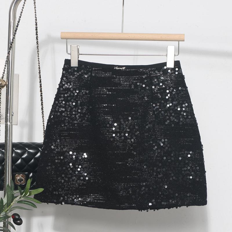 

Юбка женская с блестками Heavy Industry Silver Sequined, маленькая, 2025, сверкающая, с поясом, А-силуэта, с сумкой на бедрах, женская юбка Uchimura на молнии S чёрный