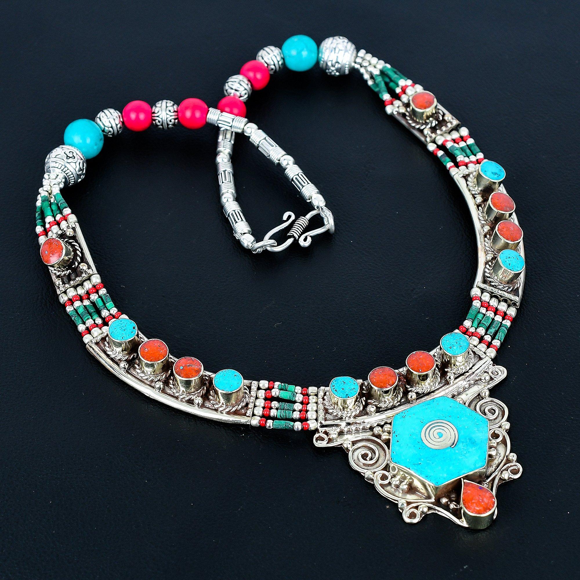 

Бирюзовый, Коралл Ожерелье из стерлингового серебра 925 пробы Тибетское серебряное ожерелье Богемное антикварное ожерелье Украшения ручной работы Непальское ожерелье Подарок для жены 20 красный